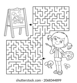 Maze or Labyrinth Game. Puzzle. Coloring Page Outline Of cartoon girl with brush and paints. Little artist with easel. Coloring book for kids.