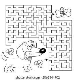 Maze or Labyrinth Game. Puzzle. Coloring Page Outline Of cartoon little dog with bone. Dachshund puppy. Coloring book for kids.