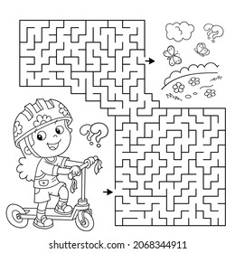 Maze or Labyrinth Game. Puzzle. Coloring Page Outline Of cartoon girl with scooter. Sport activity. Coloring book for kids.