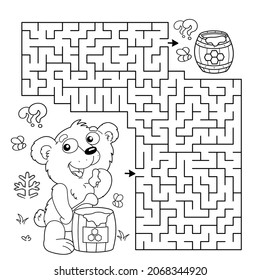 Maze or Labyrinth Game. Puzzle. Coloring Page Outline Of cartoon little bear cub with barrel of honey. Coloring book for kids.