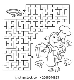 Maze or Labyrinth Game. Puzzle. Coloring Page Outline Of cartoon girl chef with large pot. Little cook or scullion. Profession. Coloring book for kids.