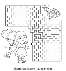 Maze or Labyrinth Game. Puzzle. Coloring Page Outline Of cartoon girl with heart and balloons. Valentine's day. Coloring book for kids.