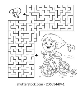 Maze or Labyrinth Game. Puzzle. Coloring Page Outline Of cartoon girl on bicycle or bike. Sport activity. Coloring book for kids.