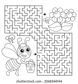 Maze or Labyrinth Game. Puzzle. Coloring Page Outline Of cartoon little bee with bucket of honey. Coloring book for kids.