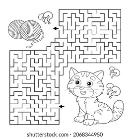 Maze Or Labyrinth Game. Puzzle. Coloring Page Outline Of Cartoon Cat With Ball Of Yarn. Coloring Book For Kids.