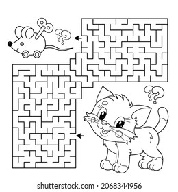 Maze or Labyrinth Game. Puzzle. Coloring Page Outline Of cartoon little cat with toy clockwork mouse. Coloring book for kids.