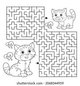 Maze or Labyrinth Game. Puzzle. Coloring Page Outline Of cartoon cat with kitten. Coloring book for kids.