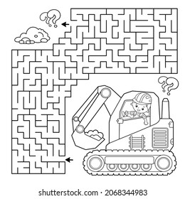 Maze or Labyrinth Game. Puzzle. Coloring Page Outline Of cartoon crawler excavator. Construction vehicles. Profession. Coloring book for kids.