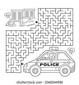 Maze oder Labyrinth Game. Rätsel. Farbige Seite Umriss von Cartoon Polizisten mit dem Auto. Beruf - Polizei. Farbbuch für Kinder.