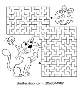 Maze or Labyrinth Game. Puzzle. Coloring Page Outline Of cartoon cat with sausage. Coloring book for kids.