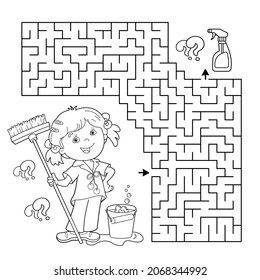 Maze or Labyrinth Game. Puzzle. Coloring Page Outline Of cartoon girl with mop and bucket. Housework and cleaning, Coloring book for kids.