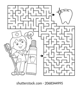 Maze or Labyrinth Game. Puzzle. Coloring Page Outline Of cartoon doctor with toothbrush and toothpaste. Coloring book for kids.