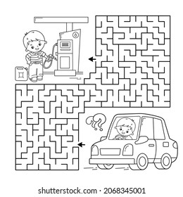 Maze or Labyrinth Game. Puzzle. Coloring Page Outline Of cartoon car with driver on petrol station. Transport or vehicle. Coloring book for kids.