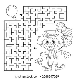 Maze or Labyrinth Game. Puzzle. Coloring Page Outline Of cartoon circus clown with colorful balloons. Coloring book for kids.