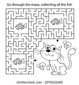 Maze or Labyrinth Game. Puzzle. Coloring Page Outline Of cartoon cat with fish. Coloring book for kids.