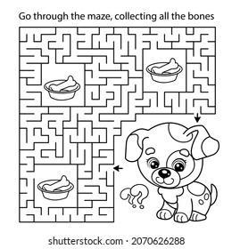 Maze or Labyrinth Game. Puzzle. Coloring Page Outline Of cartoon little dog with bone. Puppy. Coloring book for kids.