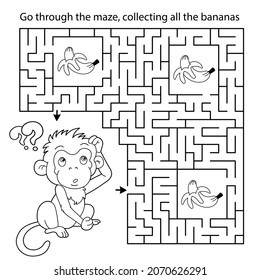 Maze or Labyrinth Game. Puzzle. Coloring Page Outline Of cartoon little monkey with bananas. Coloring book for kids.