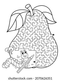 Maze or Labyrinth Game. Puzzle. Coloring Page Outline Of cartoon fun caterpillar with pear. Collect all apples. Coloring book for kids.