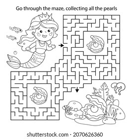 Maze or Labyrinth Game. Puzzle. Coloring Page Outline Of cartoon beautiful little mermaid. Marine princess. Underwater world. Coloring book for kids.