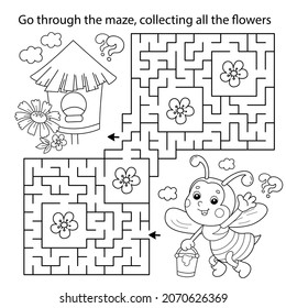 Maze or Labyrinth Game. Puzzle. Coloring Page Outline Of cartoon little bee with bucket of honey. Collect all flower. Coloring book for kids.