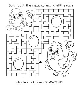 Maze or Labyrinth Game. Puzzle. Coloring Page Outline Of cartoon chicken with little chicks. Coloring book for kids.
