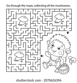 Maze or Labyrinth Game. Puzzle. Coloring Page Outline Of cartoon little hedgehog with basket of mushrooms. Coloring book for kids.