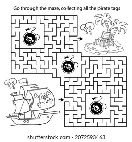 Maze or Labyrinth Game. Puzzle. Coloring Page Outline Of cartoon pirate ship with treasure island. Coloring book for kids.