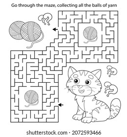 Maze or Labyrinth Game. Puzzle. Coloring Page Outline Of cartoon cat with ball of yarn. Coloring book for kids.