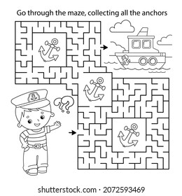 Maze or Labyrinth Game. Puzzle. Coloring Page Outline Of cartoon sailor next to the ship. Profession. Coloring book for kids. Coloring book for kids.