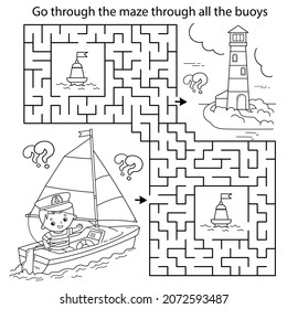 Maze or Labyrinth Game. Puzzle. Coloring Page Outline Of cartoon sail ship with sailor. Profession. Coloring book for kids. Coloring book for kids.