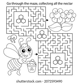 Maze or Labyrinth Game. Puzzle. Coloring Page Outline Of cartoon little bee with bucket of honey. Coloring book for kids.