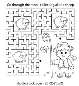 Maze or Labyrinth Game. Puzzle. Coloring Page Outline Of cartoon shepherd with flock of sheep. Farm animals. Coloring book for kids.