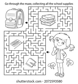 Maze or Labyrinth Game. Puzzle. Coloring Page Outline Of cartoon girl with school supplies. Coloring book for kids.