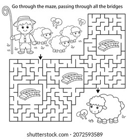 Maze or Labyrinth Game. Puzzle. Coloring Page Outline Of cartoon shepherd with flock of sheep. Farm animals. Coloring book for kids.