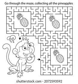 Maze or Labyrinth Game. Puzzle. Coloring Page Outline Of cartoon little monkey with pineapples. Collect fruits. Coloring book for kids.