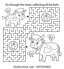 Maze or Labyrinth Game. Puzzle. Coloring Page Outline Of cartoon cow with little calf. Farm animals with their cubs. Coloring book for kids.