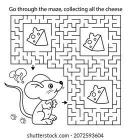 Maze or Labyrinth Game. Puzzle. Coloring Page Outline Of cartoon fun mouse with cheese. Coloring book for kids.