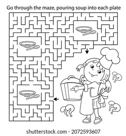 Maze or Labyrinth Game. Puzzle. Coloring Page Outline Of cartoon girl chef with large pot. Little cook or scullion. Profession. Coloring book for kids.