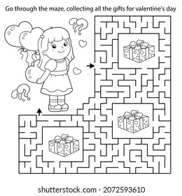 Maze or Labyrinth Game. Puzzle. Coloring Page Outline Of cartoon girl with heart and balloons. Valentine's day. Coloring book for kids.