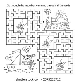 Maze or Labyrinth Game. Puzzle. Coloring Page Outline Of cartoon fun frog on ship. Little sailor. Coloring book for kids.