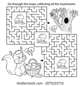 Maze Or Labyrinth Game. Puzzle. Coloring Page Outline Of Cartoon Squirrel With Basket Of Mushrooms. Tree Hollow. Coloring Book For Kids.