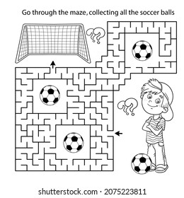 Maze or Labyrinth Game. Puzzle. Coloring Page Outline Of cartoon boy with soccer ball. Football. Sport activity. Coloring book for kids.