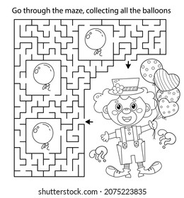 Maze or Labyrinth Game. Puzzle. Coloring Page Outline Of cartoon circus clown with colorful balloons. Coloring book for kids.