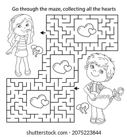 Maze or Labyrinth Game. Puzzle. Coloring Page Outline Of cartoon boy with heart and cute girl. Valentine's day. Coloring book for kids.