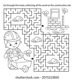 Juego de laberinto o laberinto. Rompecabezas. Esquema de la página de color del creador de dibujos animados con el carrito de mano. Construcción. Profesión. Libro de colorear para niños.