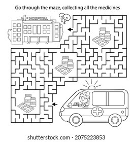 Maze or Labyrinth Game. Puzzle. Coloring Page Outline Of cartoon doctor with ambulance car near the hospital. Coloring book for kids.