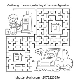 Maze or Labyrinth Game. Puzzle. Coloring Page Outline Of cartoon car with driver on petrol station. Transport or vehicle. Coloring book for kids.