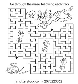 Maze or Labyrinth Game. Puzzle. Coloring Page Outline Of cartoon little cat with toy clockwork mouse. Coloring book for kids.