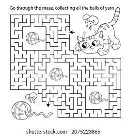 Maze or Labyrinth Game. Puzzle. Coloring Page Outline Of cartoon cat with ball of yarn. Coloring book for kids.