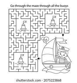 Maze or Labyrinth Game. Puzzle. Coloring Page Outline Of cartoon sail ship with sailor. Profession. Coloring book for kids. Coloring book for kids.